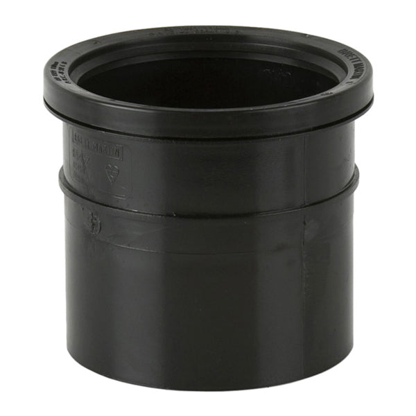 Black plastic pipe connector for plumbing or drainage systems