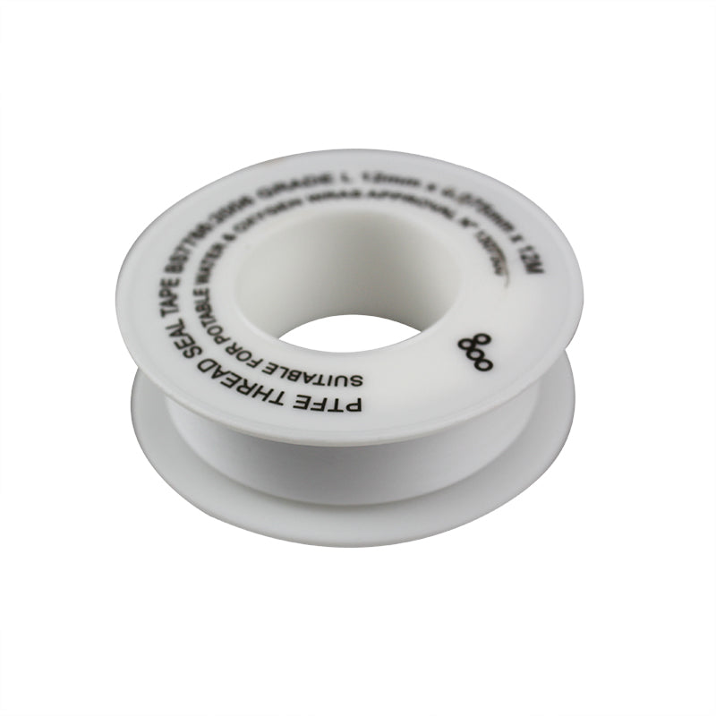 PTFE thread seal tape roll for plumbing, white, on a white background