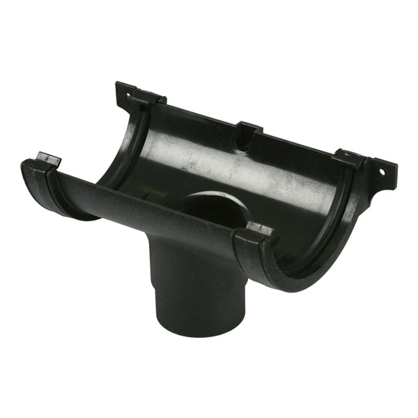 Black plastic gutter running outlet for roofing and rainwater drainage systems