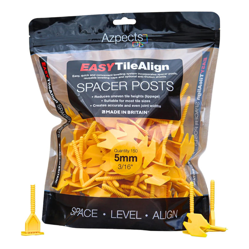 Bag of yellow 5mm tile spacer posts for tile leveling and accurate joint spacing