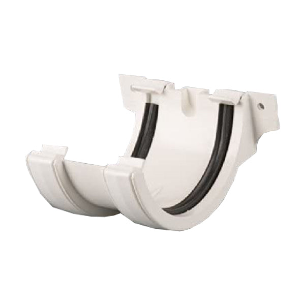 White plastic gutter union bracket with rubber sealing for building drainage systems