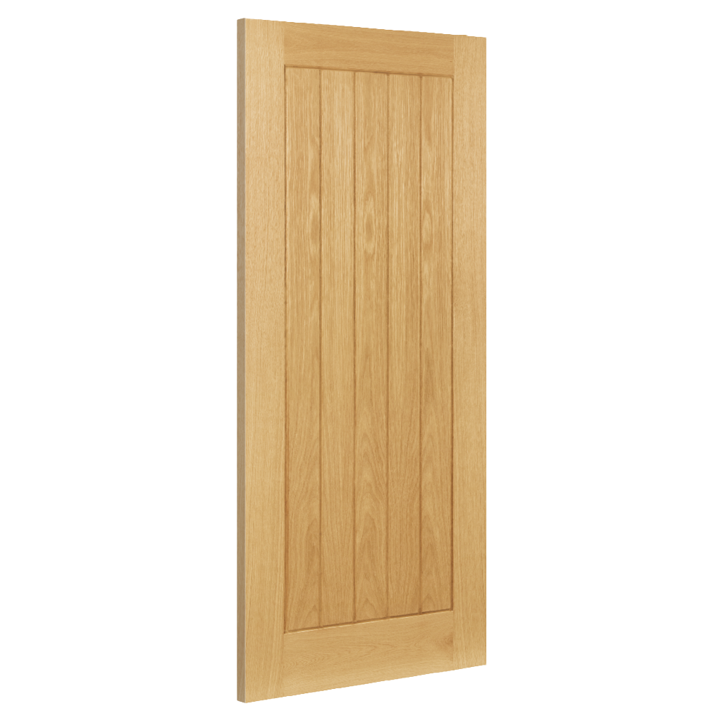 vertical oak panel interior door with natural wood grain and modern shaker design