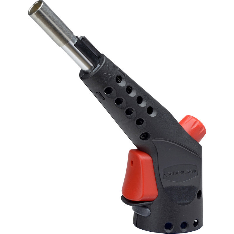 Black and red gas blow torch for plumbing and DIY, isolated on white background