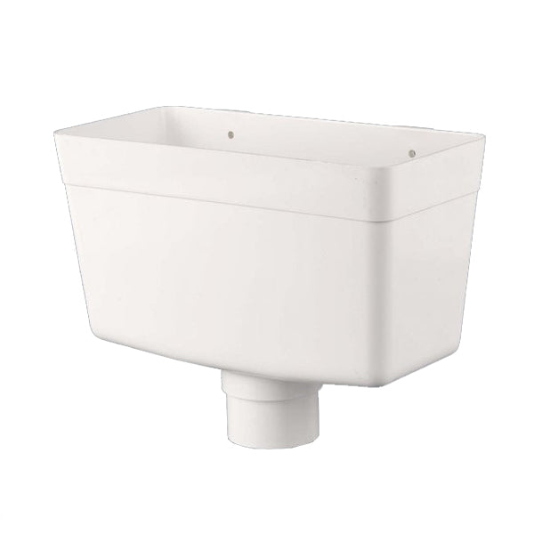 White plastic rainwater hopper for guttering and drainage systems