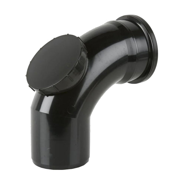 Black plastic soil pipe access bend fitting for plumbing and drainage installations
