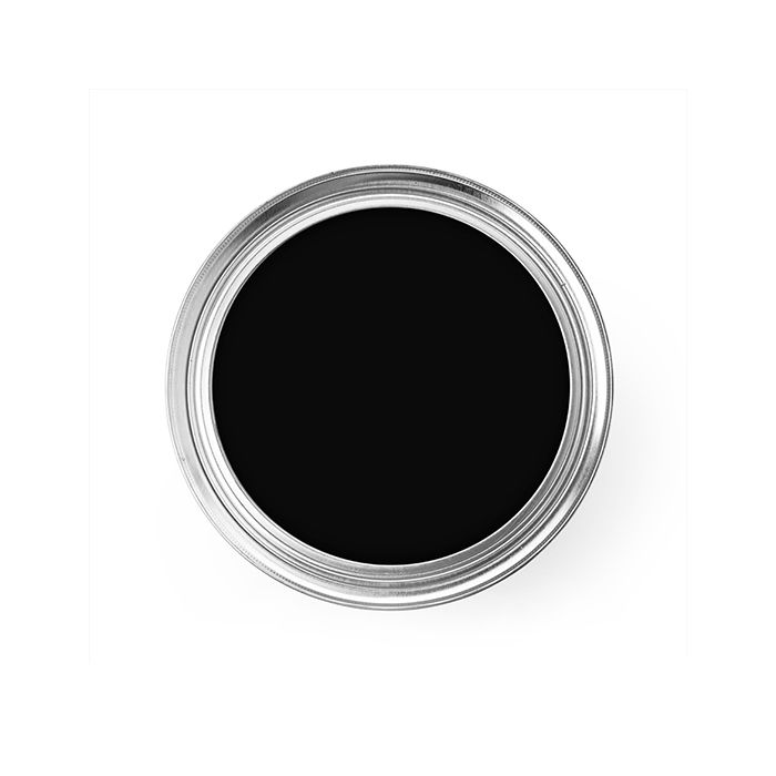 Open tin of black paint viewed from above, building materials supply product