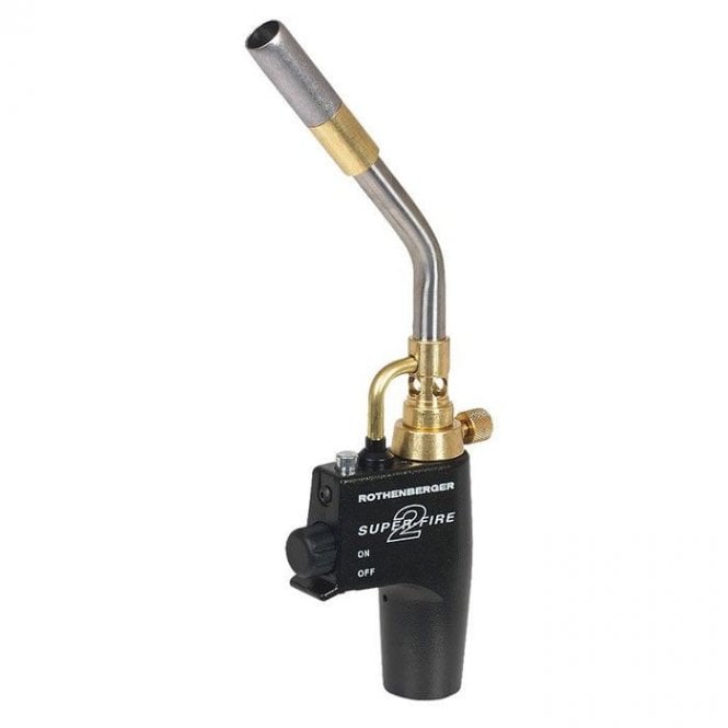 Handheld gas blow torch with brass nozzle and ignition control, suitable for plumbing or soldering