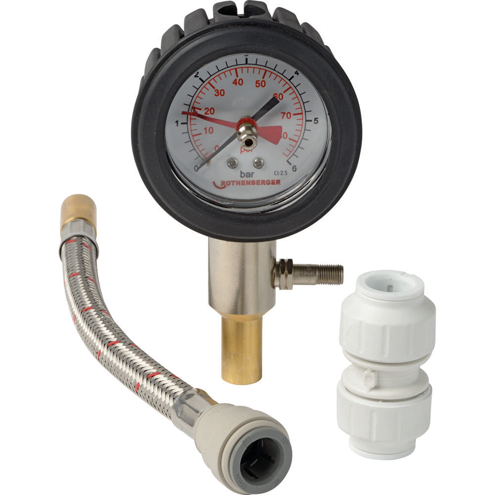 Water pressure gauge kit with flexible hose and plastic push-fit connectors for plumbing