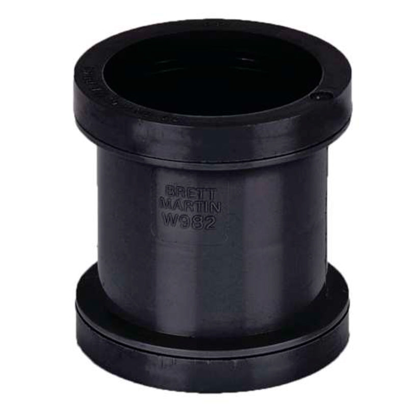 Black plastic pipe connector fitting for plumbing or drainage systems, Brett Martin W982