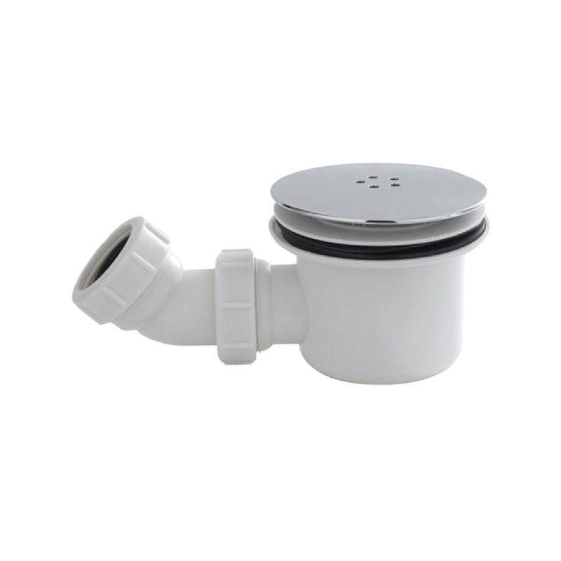 White shower waste trap with chrome cover for bathroom plumbing installations