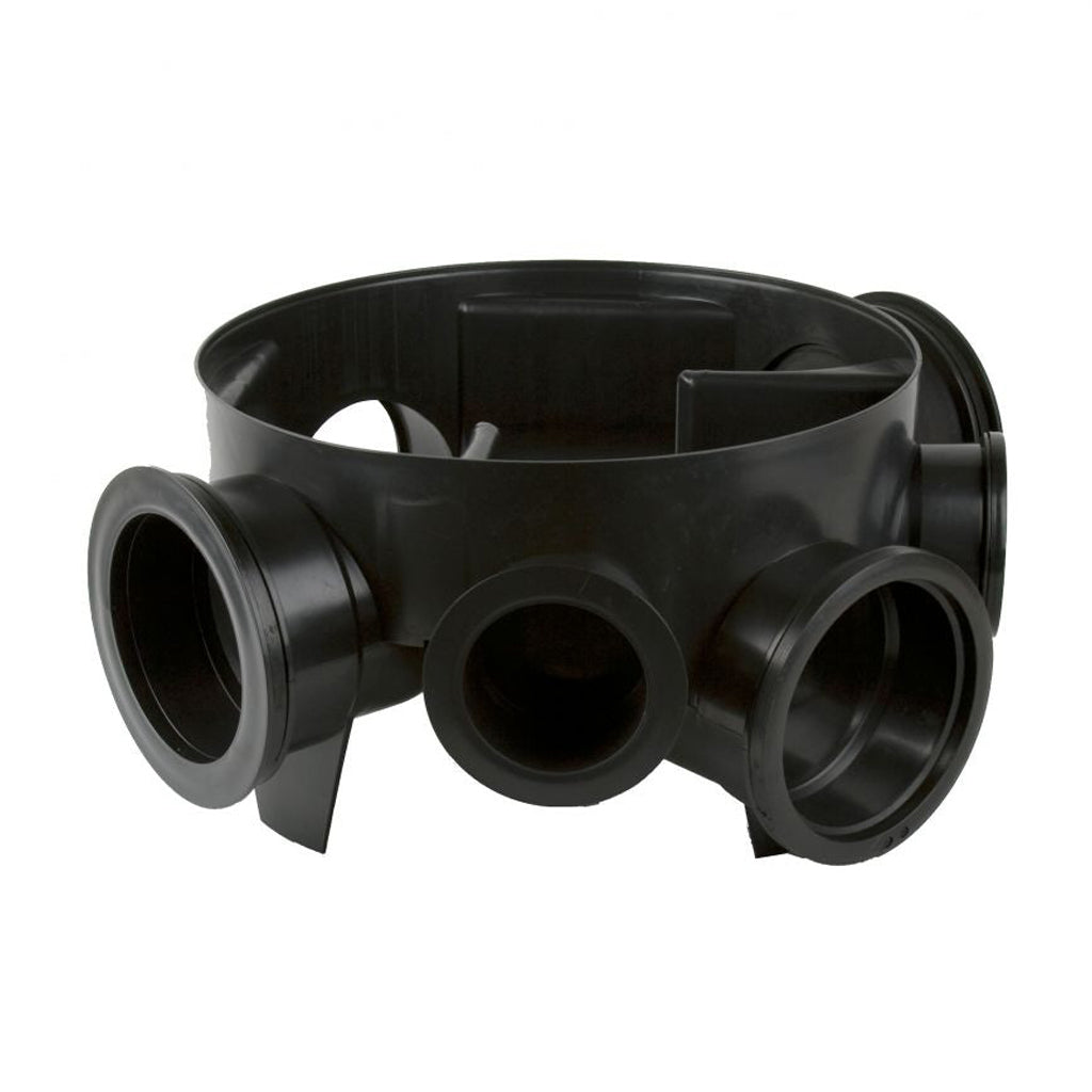 Black plastic underground drainage inspection chamber base with multiple pipe inlets