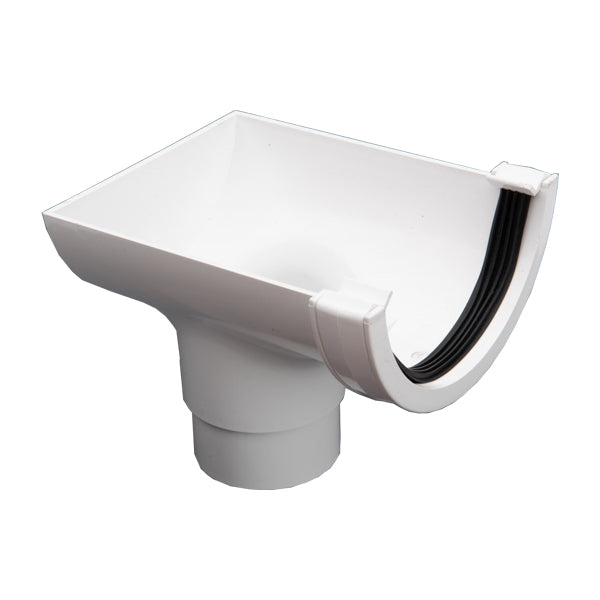 White plastic gutter outlet with side opening for drainage and downpipe connection