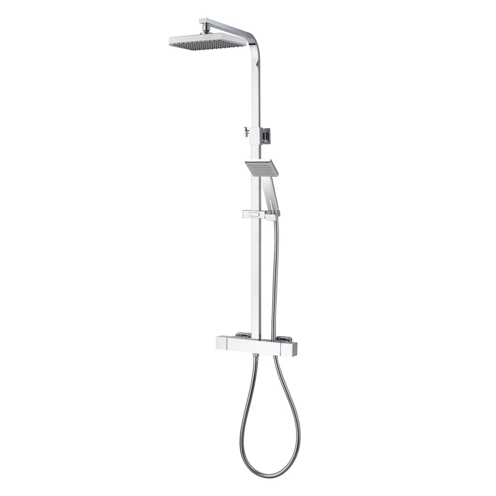 Modern chrome dual shower head with adjustable handheld and square overhead design