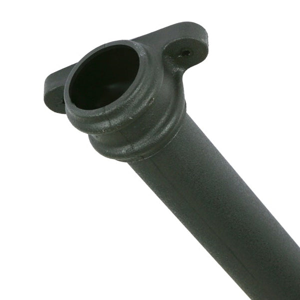 Black cast iron downpipe with fixing lug for building drainage systems