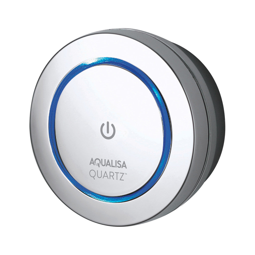 Aqualisa Quartz smart shower control with blue LED ring, modern bathroom accessory