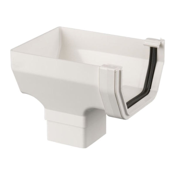 White plastic gutter union bracket for building drainage systems, square profile fitting