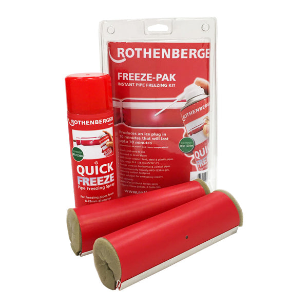 Pipe freezing kit with red spray can, insulated freeze jackets, and product packaging