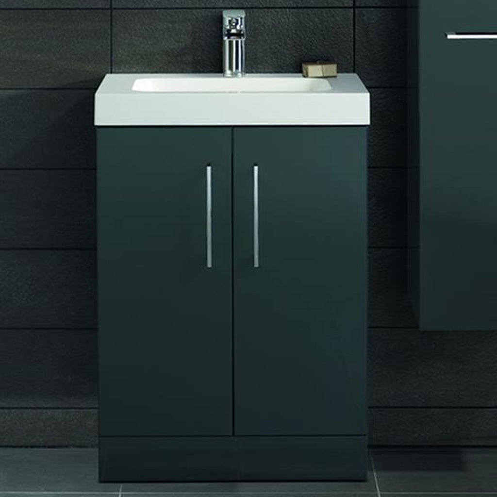 Modern dark grey bathroom vanity unit with white basin and chrome handles