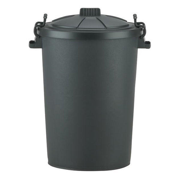 Black plastic dustbin with secure lid and side handles for waste storage