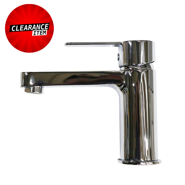 Modern chrome kitchen mixer tap with lever handle, clearance item label in red circle