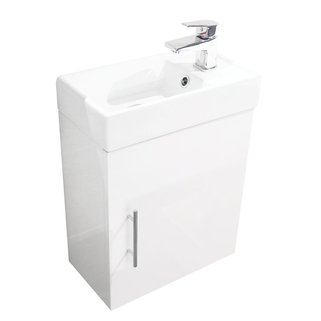 Compact white bathroom vanity unit with integrated basin and chrome faucet