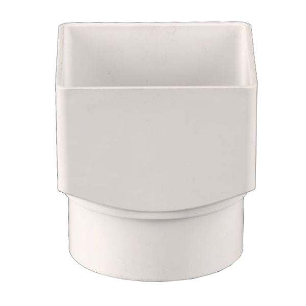 White plastic square to round downpipe adapter for rainwater drainage systems