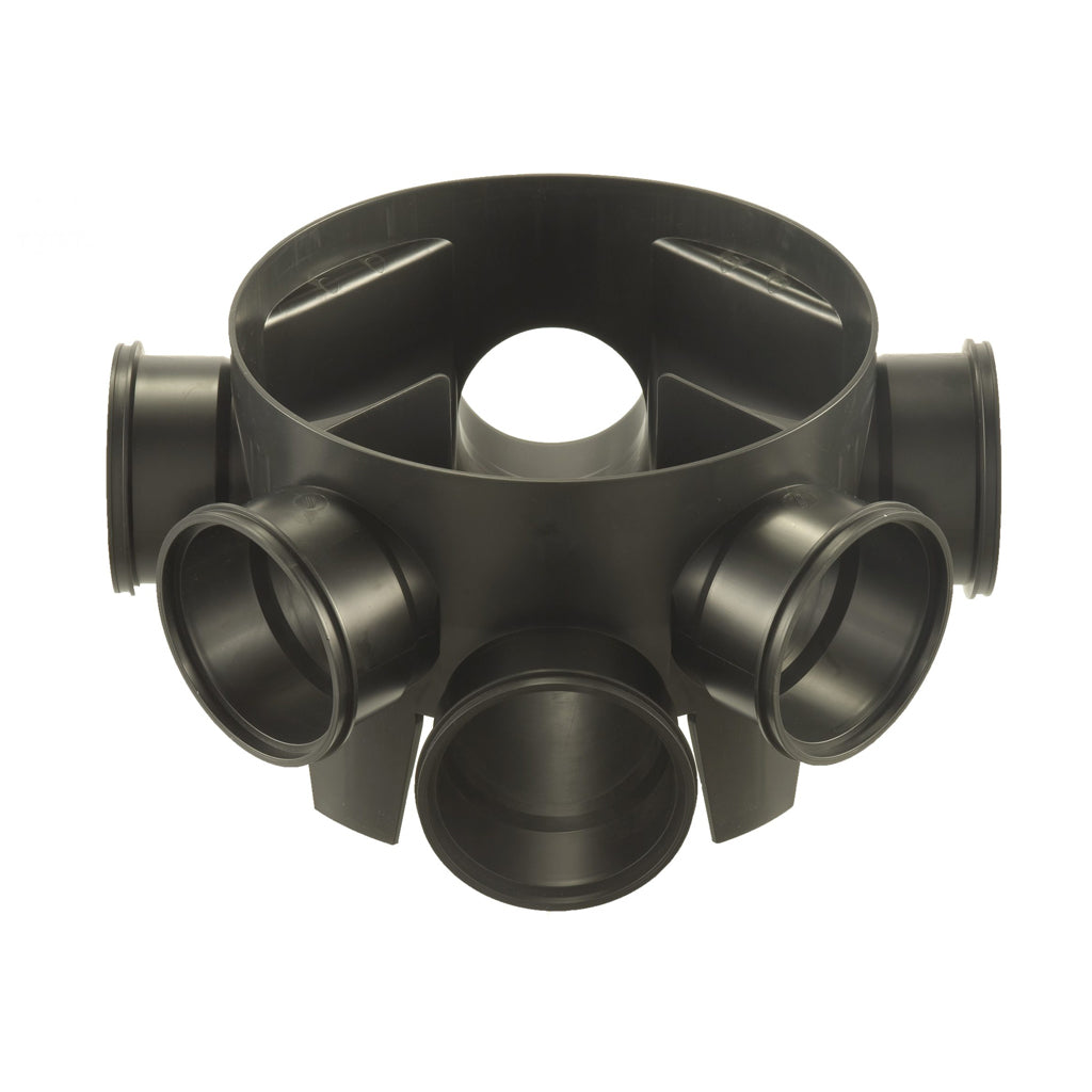 Black plastic underground drainage inspection chamber riser base with multiple pipe inlets