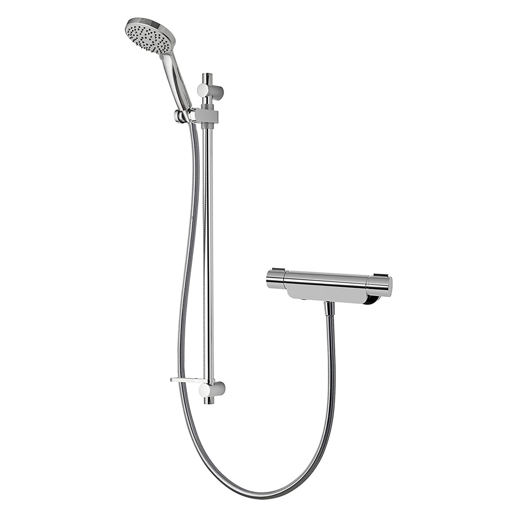 chrome thermostatic shower mixer with adjustable riser rail and handheld shower head