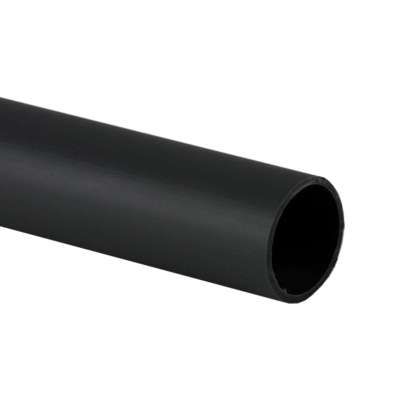 Black plastic pipe for plumbing or drainage supplies, shown on a white background