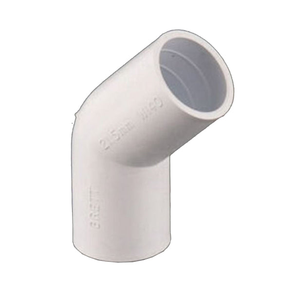 White PVC pipe fitting 45 degree elbow for plumbing or drainage systems
