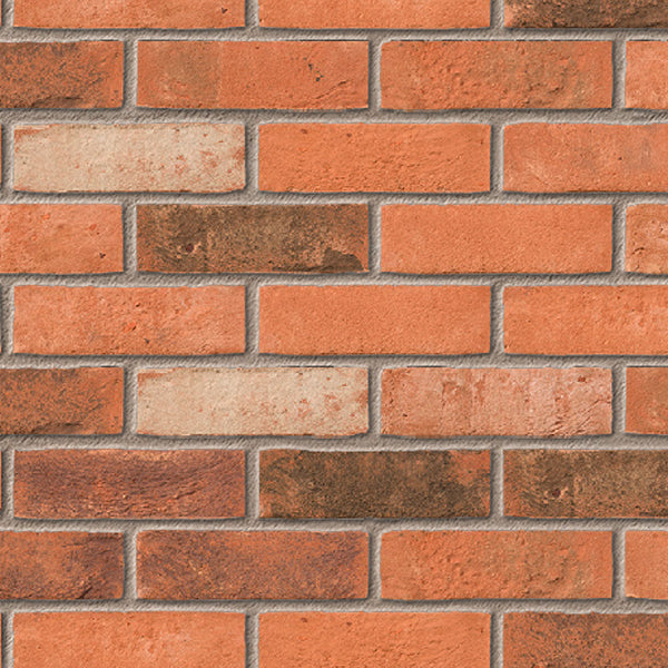 Red and brown facing bricks wall, mixed texture building material for construction projects