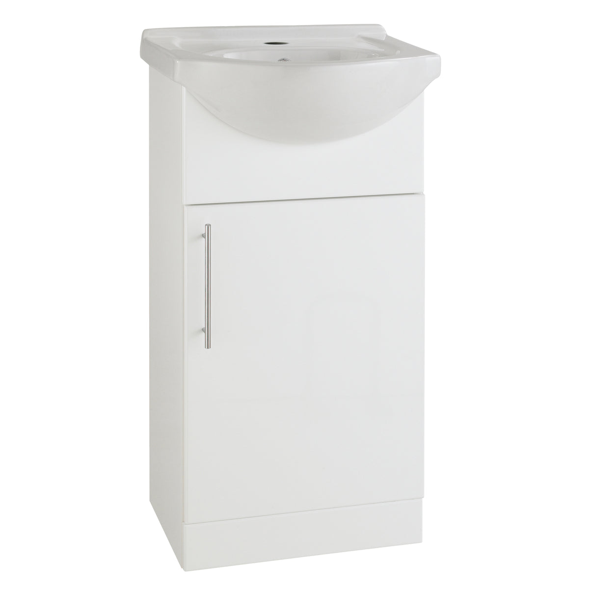 Modern white bathroom vanity unit with integrated basin and cabinet, suitable for home bathrooms