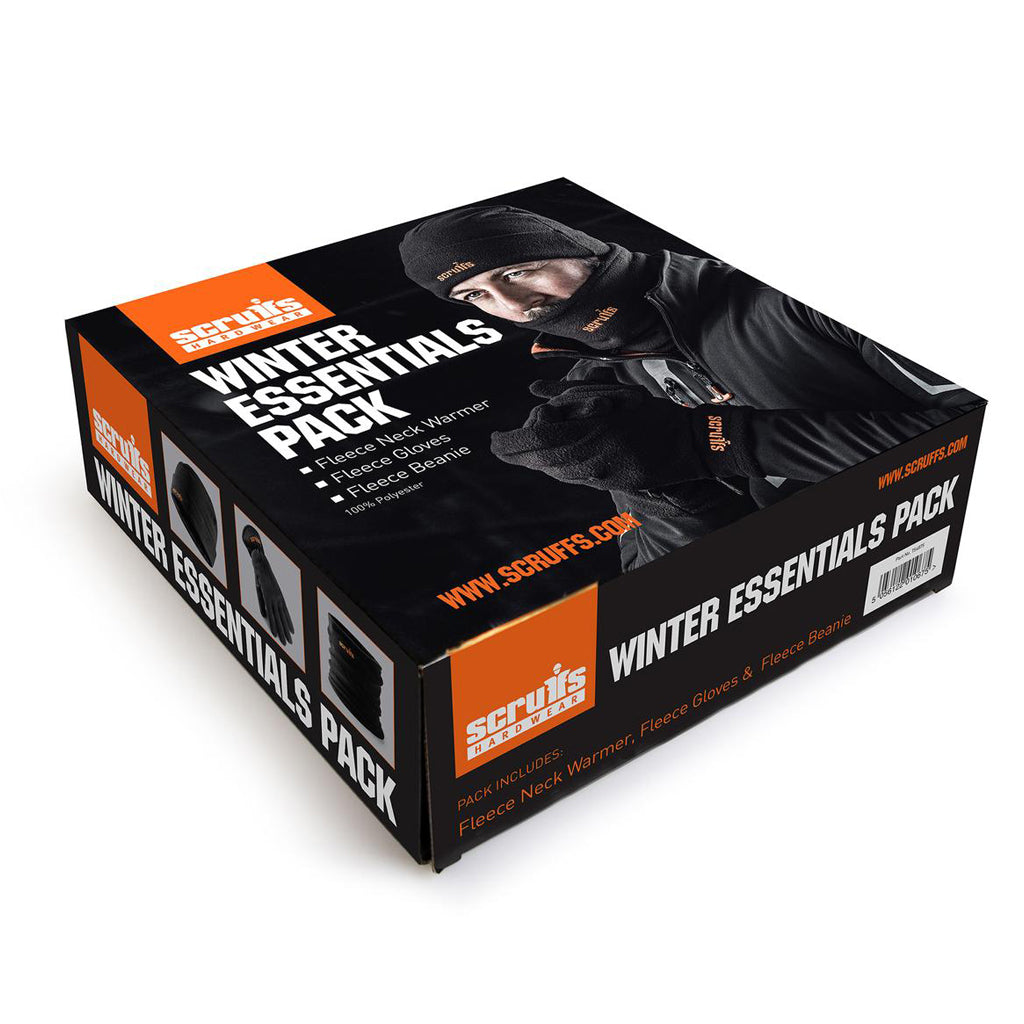 Scruffs Winter Essentials Pack box with fleece gloves, neck warmer, and beanie for cold weather