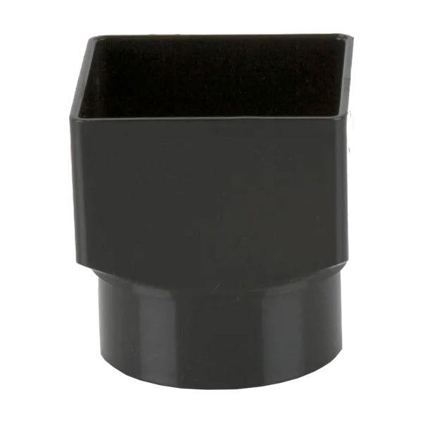 Black plastic square-to-round downpipe adapter for guttering and drainage systems