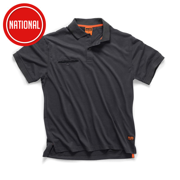 Dark grey short-sleeve work polo shirt with chest pocket and orange label, isolated on white