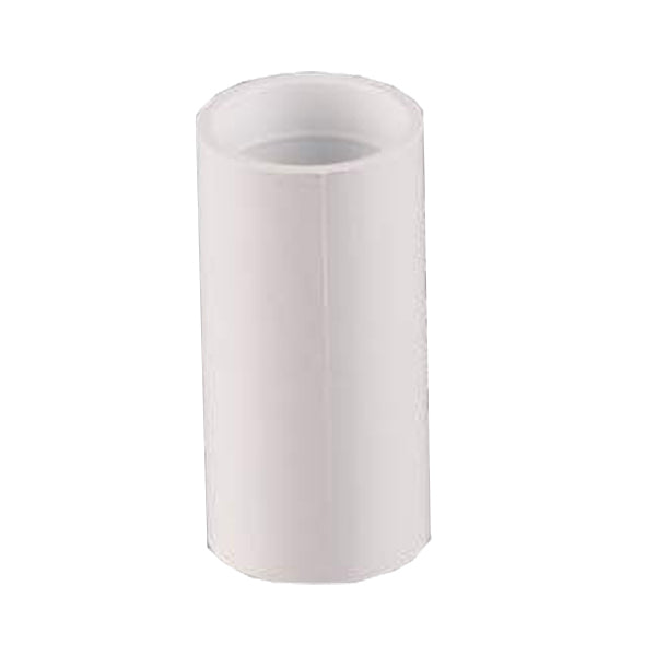 White plastic plumbing pipe connector coupler, cylindrical fitting for building materials