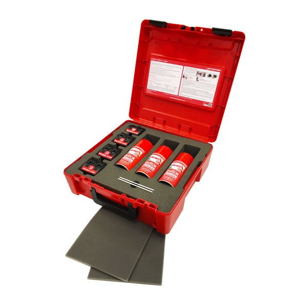 Red building materials repair kit with cans, accessories, and foam pads in a protective case