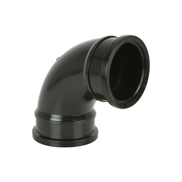 Black plastic 90 degree pipe elbow fitting for plumbing or drainage systems