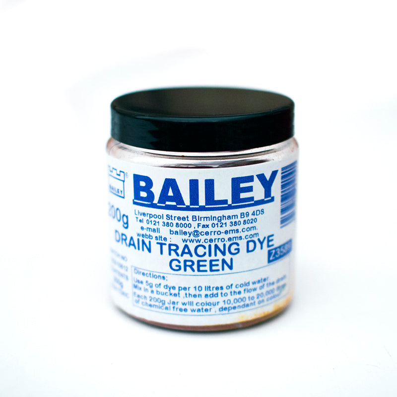 Bailey green drain tracing dye jar with black lid for plumbing and leak detection