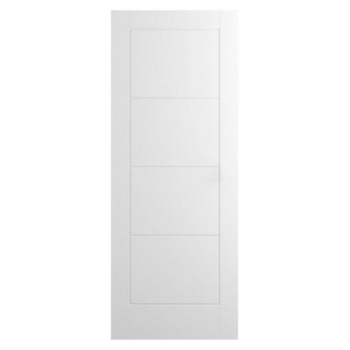 White interior door with four horizontal panels, modern design, building materials supply