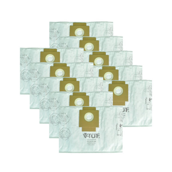 Pack of V-TUF vacuum dust bags for builders, white with brown caps, arranged in rows
