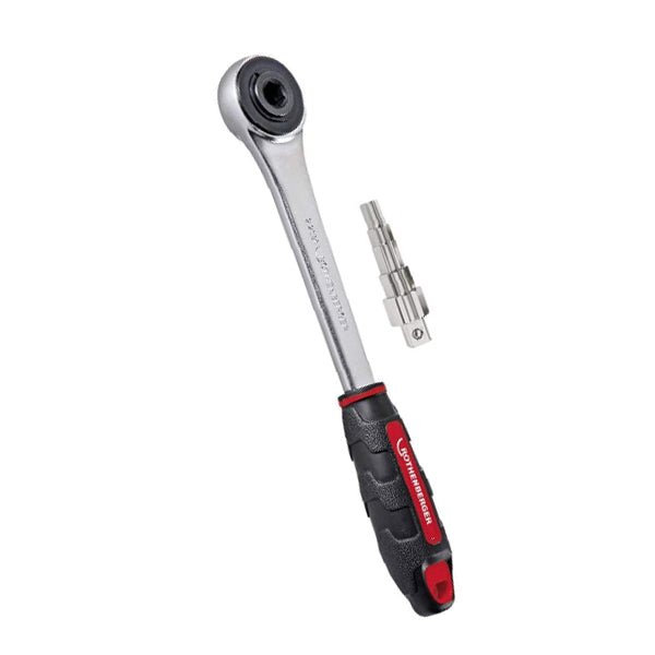 Hand ratchet wrench with black and red grip and stepped socket adapter for tool use