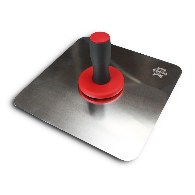 Plastering hawk tool with red and black handle on a stainless steel square base