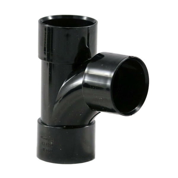 Black plastic soil pipe tee fitting for plumbing and drainage installations