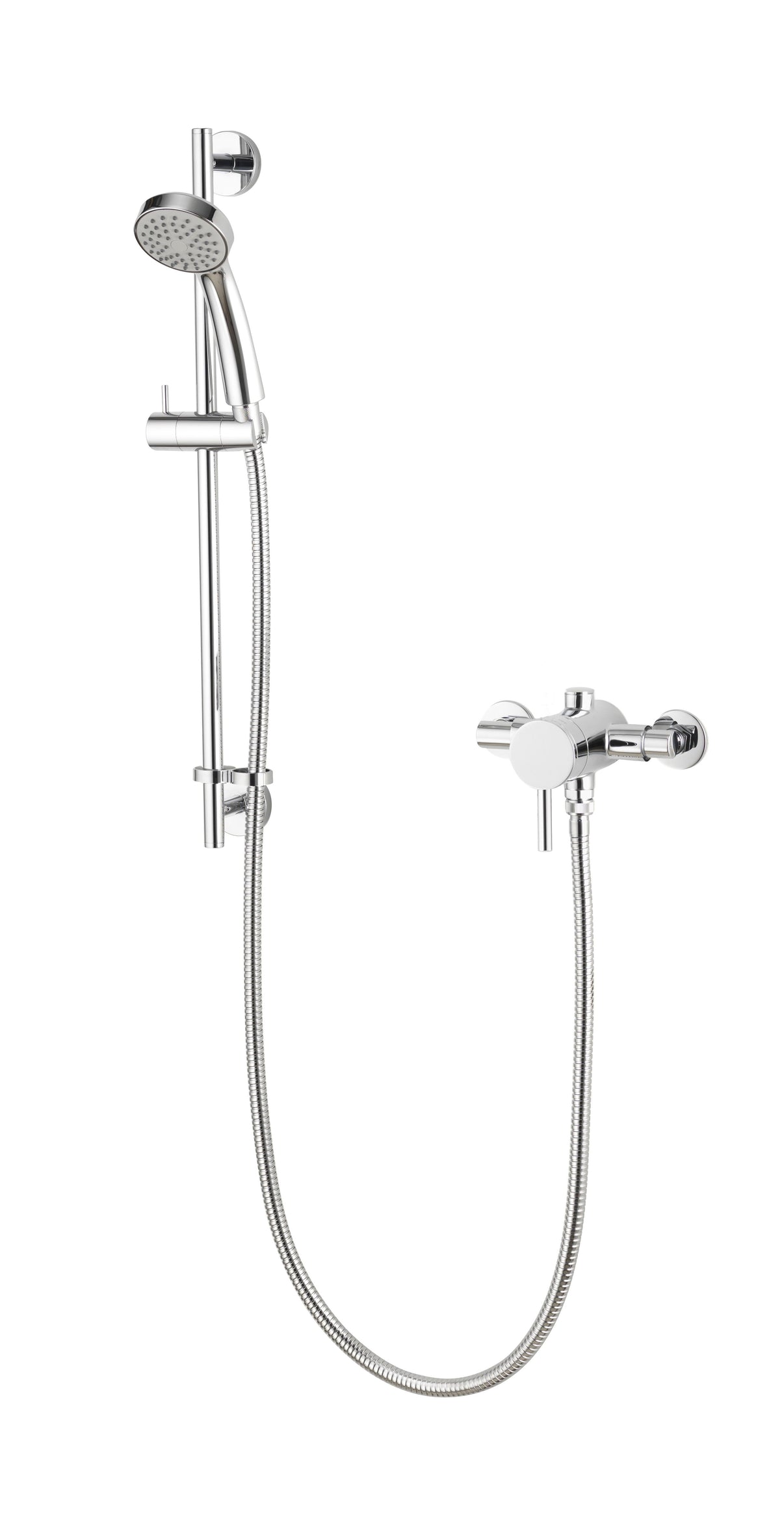 Modern chrome shower set with adjustable handheld shower head and mixer tap, wall-mounted.