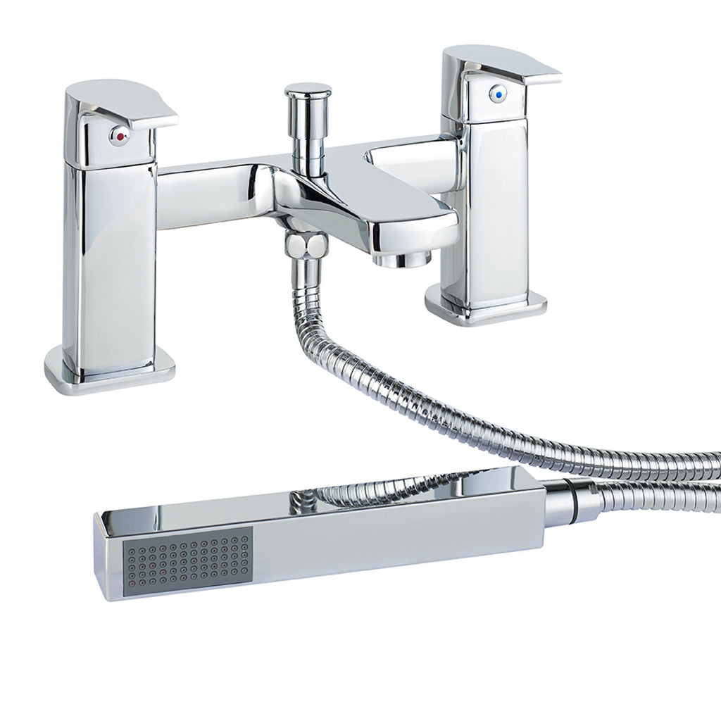 Modern chrome bath shower mixer tap with dual levers and handheld shower attachment