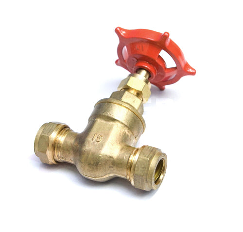 Brass stop valve with red handle, plumbing fitting for water supply control