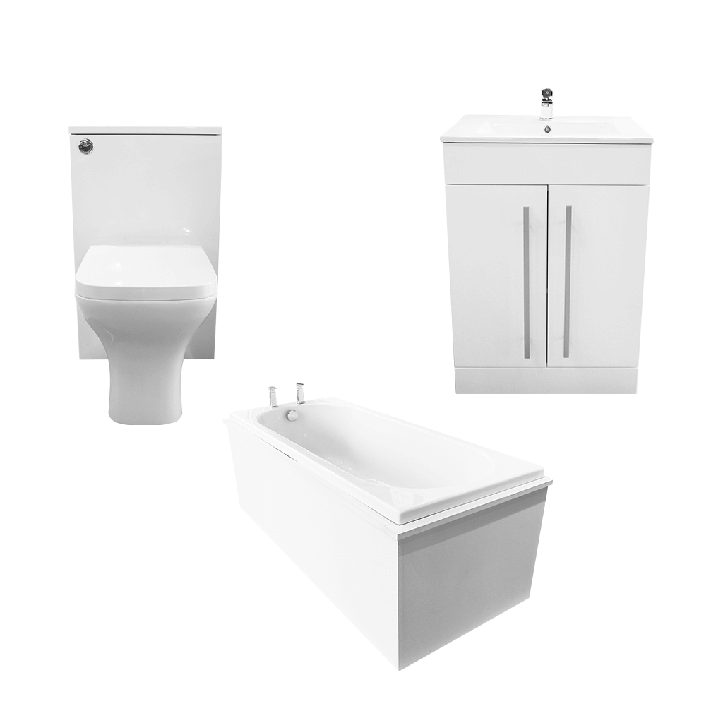 Modern white bathroom suite with toilet, basin vanity unit and rectangular bathtub