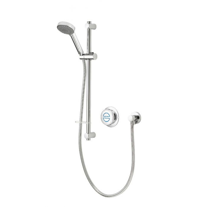 Chrome adjustable shower kit with handheld shower head, wall bar, hose, and control dial