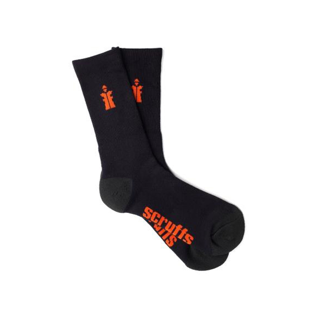 Pair of black Scruffs work socks with orange logo, suitable for builders and DIY use